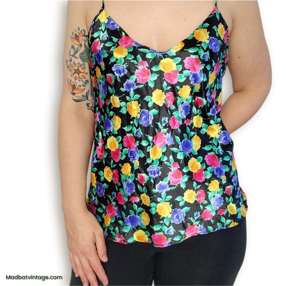 Vintage Silky Camisole Top Bright Floral Spaghetti Strap L / 7